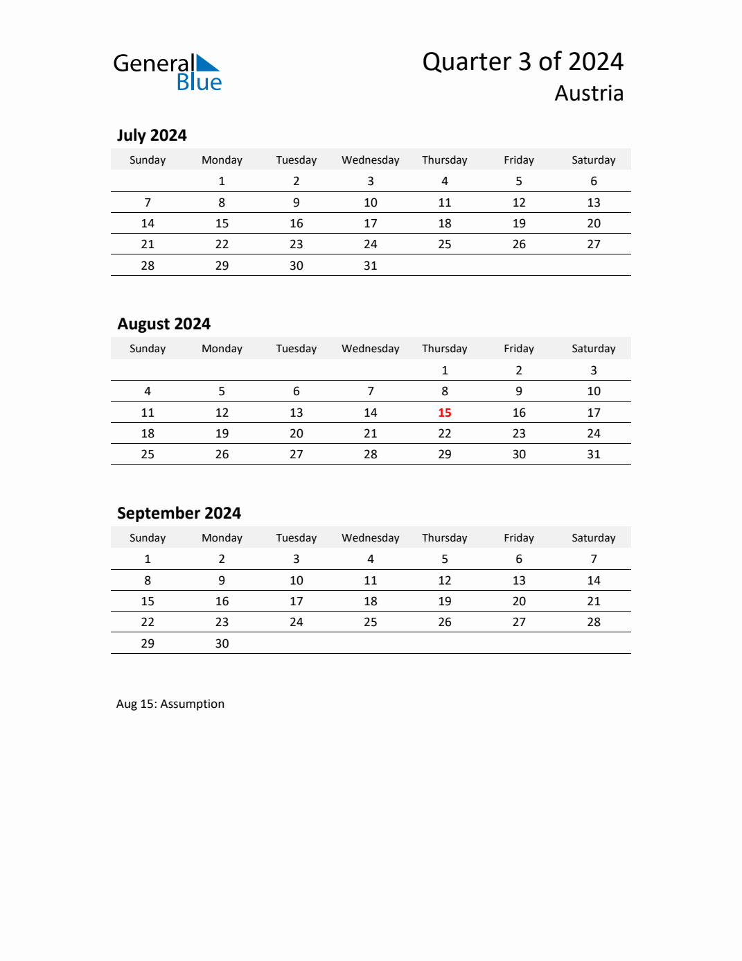 Q3 2024 Quarterly Calendar with Austria Holidays (PDF, Excel, Word)