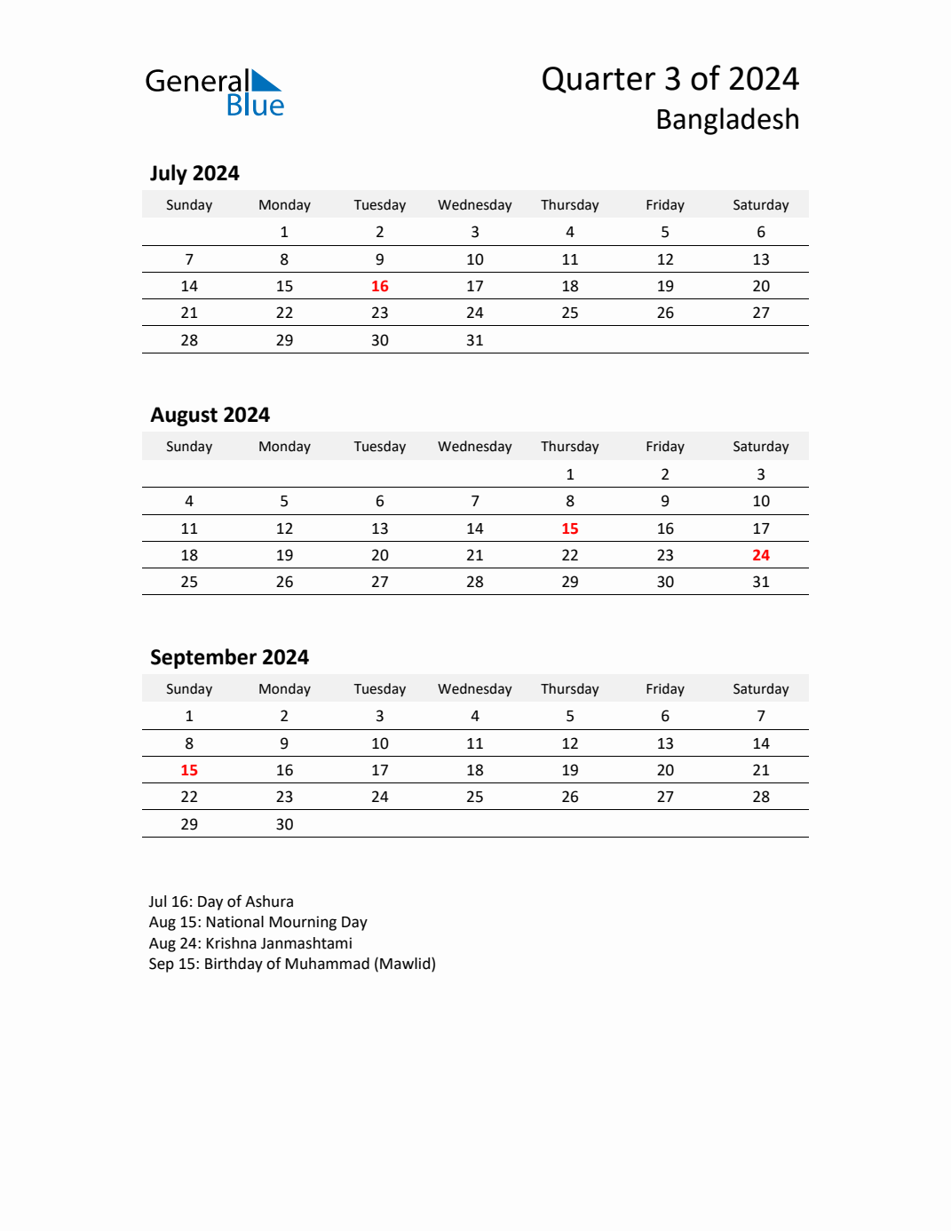 Q3 2024 Quarterly Calendar with Bangladesh Holidays (PDF, Excel, Word)