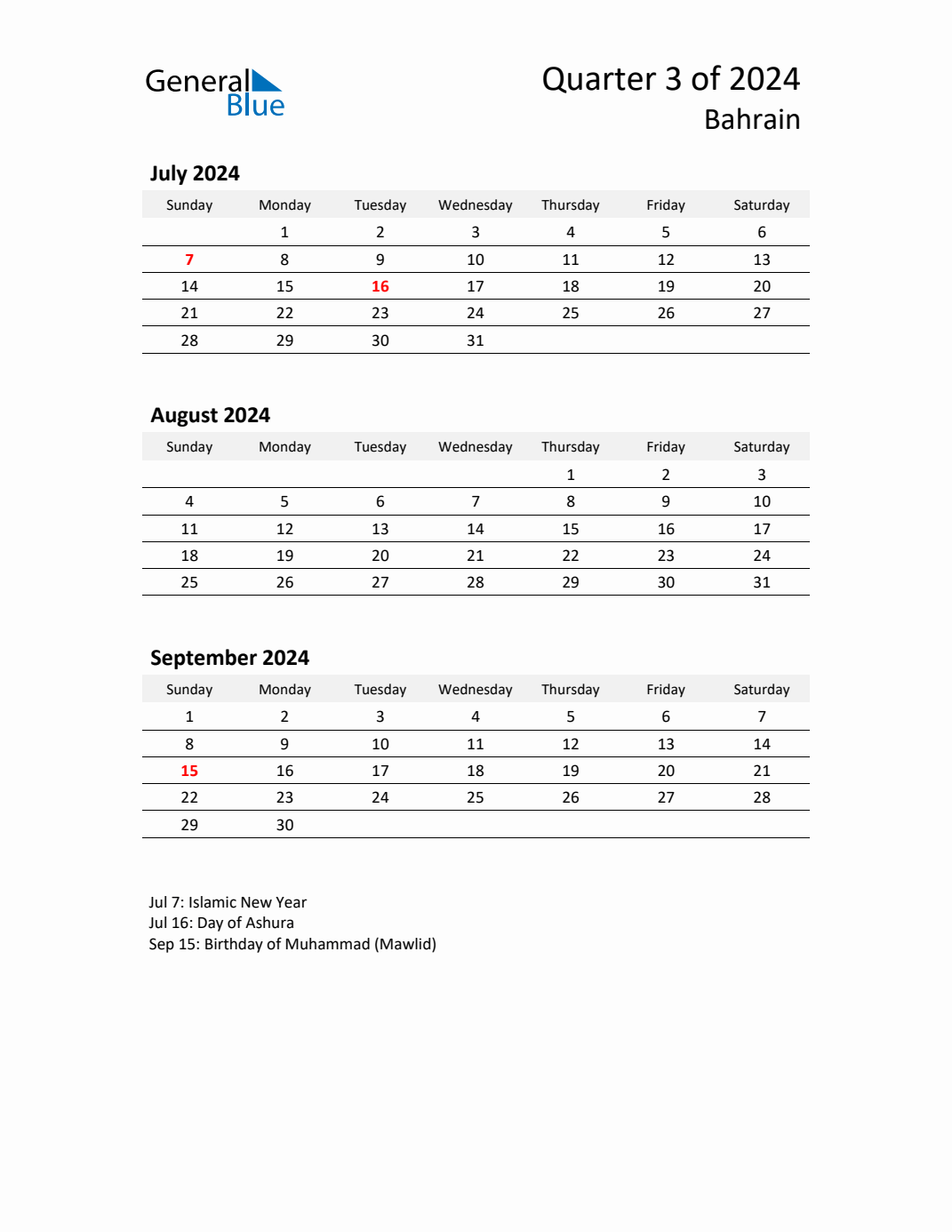 Q3 2024 Quarterly Calendar with Bahrain Holidays (PDF, Excel, Word)
