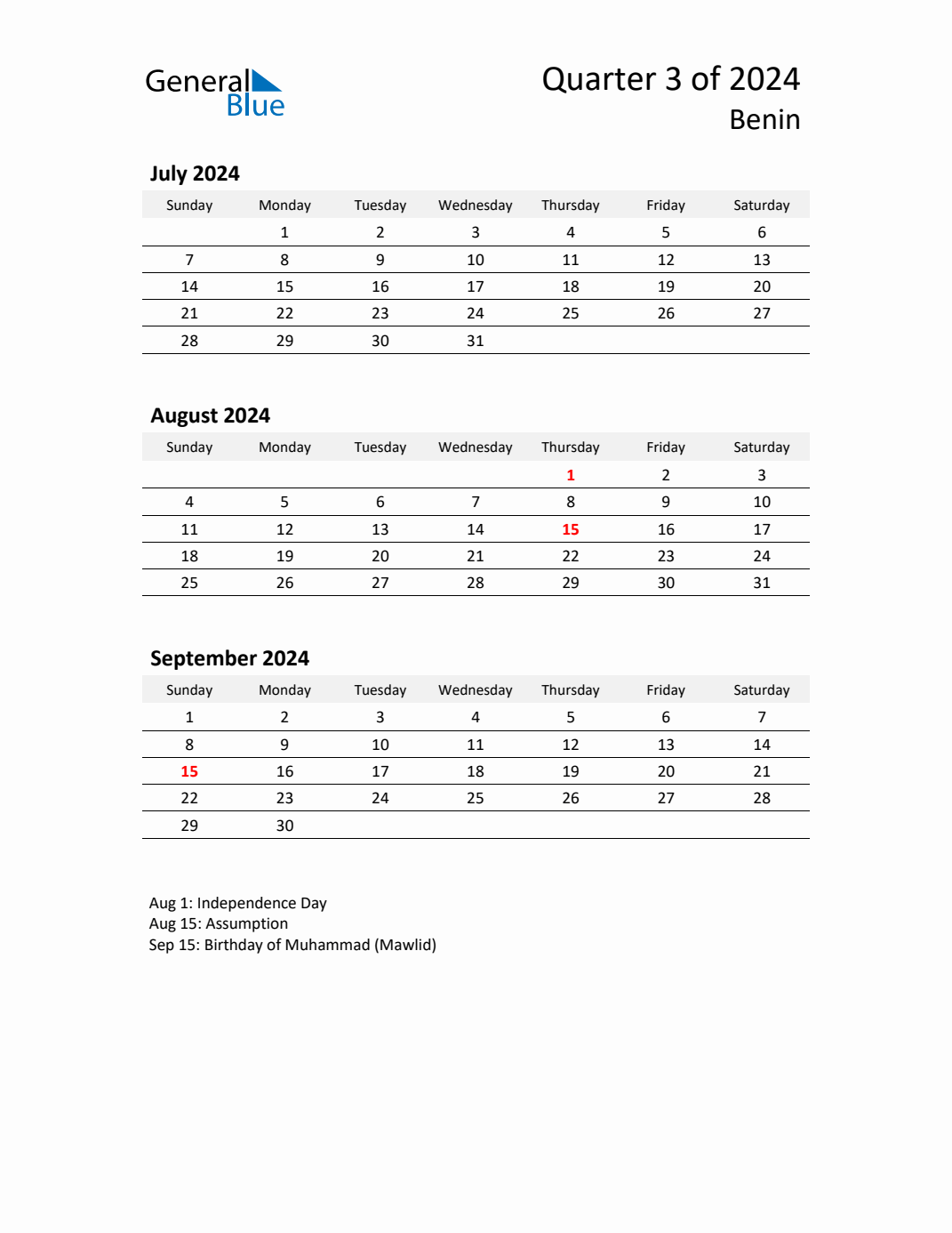 Q3 2024 Quarterly Calendar with Benin Holidays