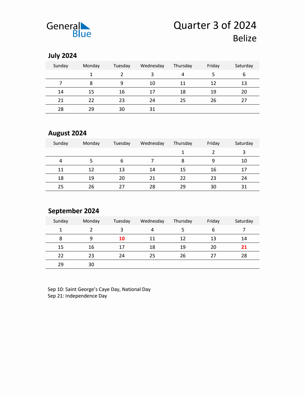 Q3 2024 Quarterly Calendar with Belize Holidays (PDF, Excel, Word)
