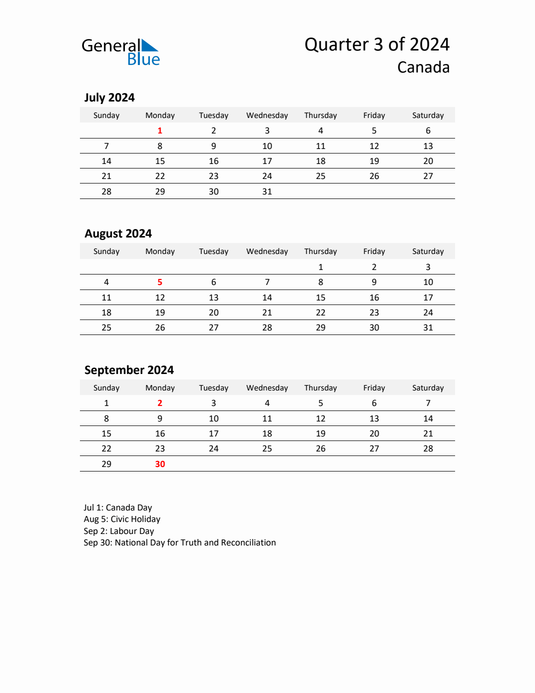 Q3 2024 Quarterly Calendar with Canada Holidays (PDF, Excel, Word)