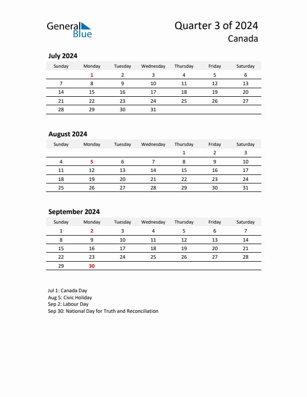 Q3 2024 Quarterly Calendar with Canada Holidays (PDF, Excel, Word)