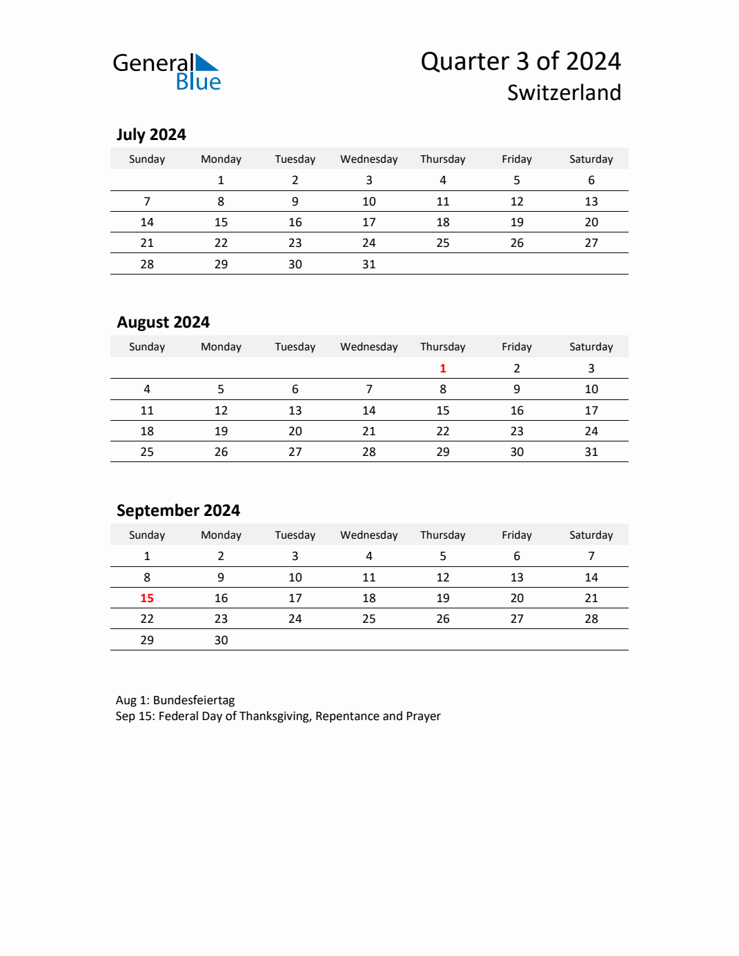 Q3 2024 Quarterly Calendar with Switzerland Holidays (PDF, Excel, Word)