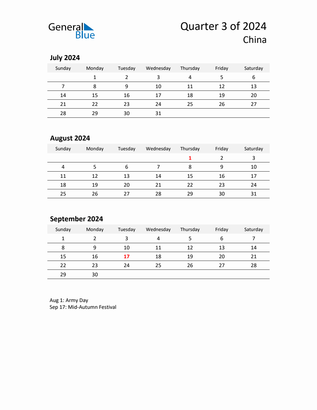 Q3 2024 Quarterly Calendar with China Holidays (PDF, Excel, Word)