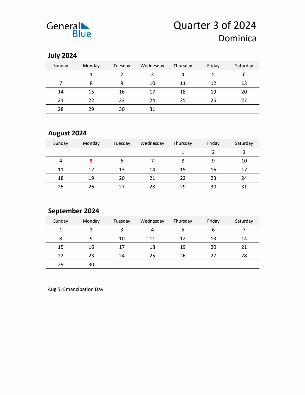 Q3 2024 Quarterly Calendar with Dominica Holidays