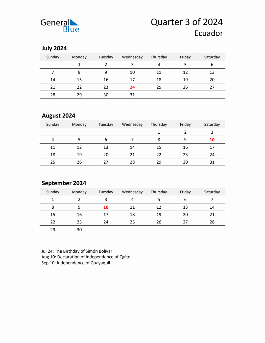 Q3 2025 Quarterly Calendar with Ecuador Holidays (PDF, Excel, Word)