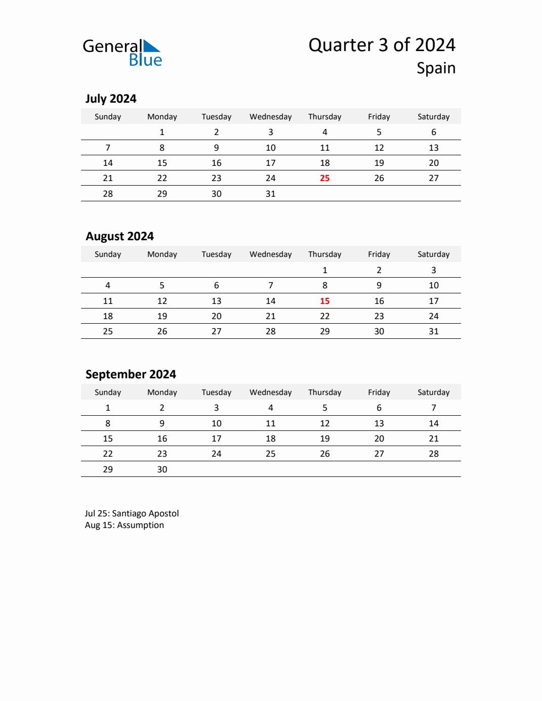 Q3 2024 Quarterly Calendar with Spain Holidays (PDF, Excel, Word)