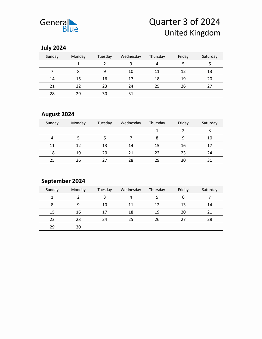 Q3 2024 Quarterly Calendar with United Kingdom Holidays (PDF, Excel, Word)