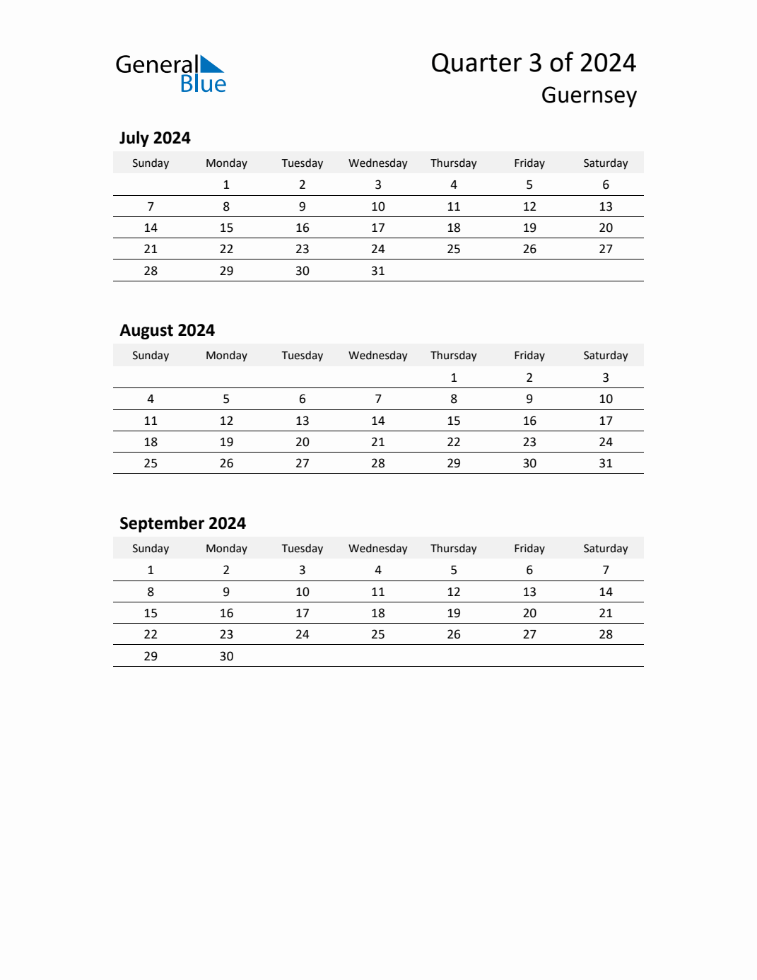 Q3 2024 Quarterly Calendar with Guernsey Holidays (PDF, Excel, Word)