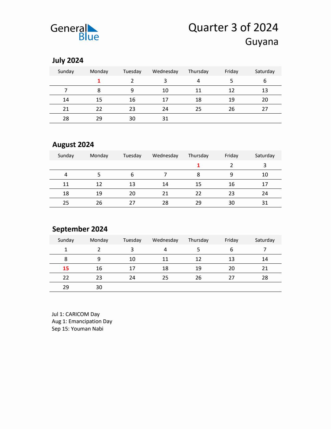 Q3 2024 Quarterly Calendar with Guyana Holidays (PDF, Excel, Word)