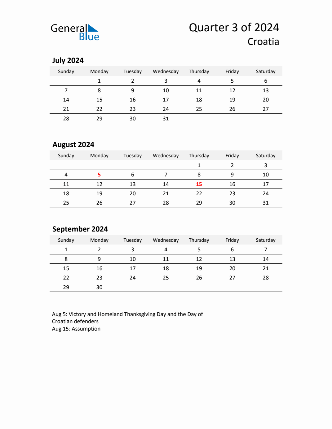 Q3 2024 Quarterly Calendar with Croatia Holidays (PDF, Excel, Word)