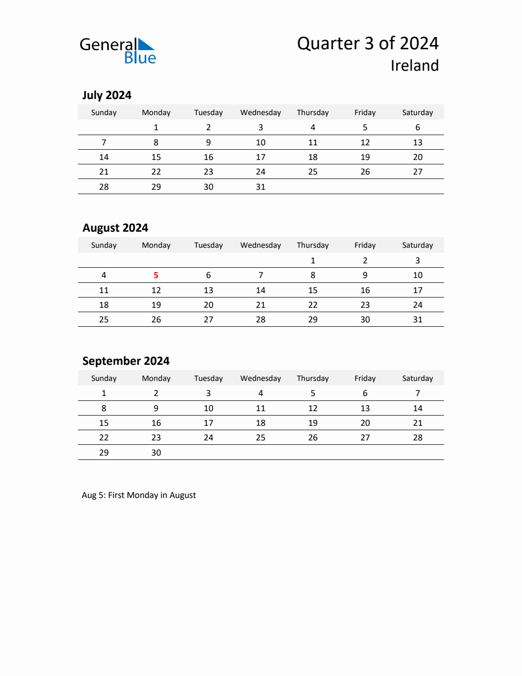 Q3 2024 Quarterly Calendar with Ireland Holidays (PDF, Excel, Word)