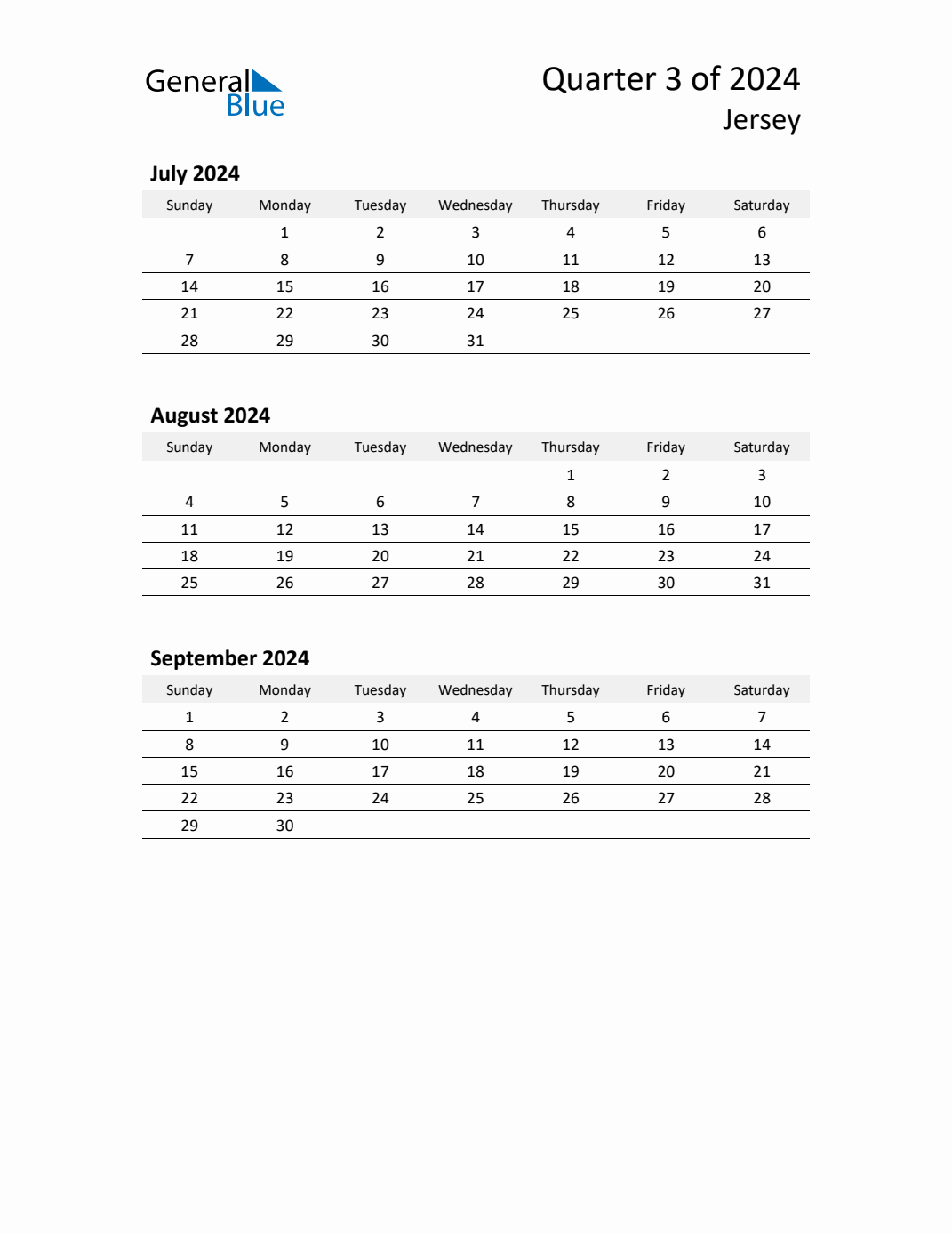 Q3 2024 Quarterly Calendar with Jersey Holidays (PDF, Excel, Word)