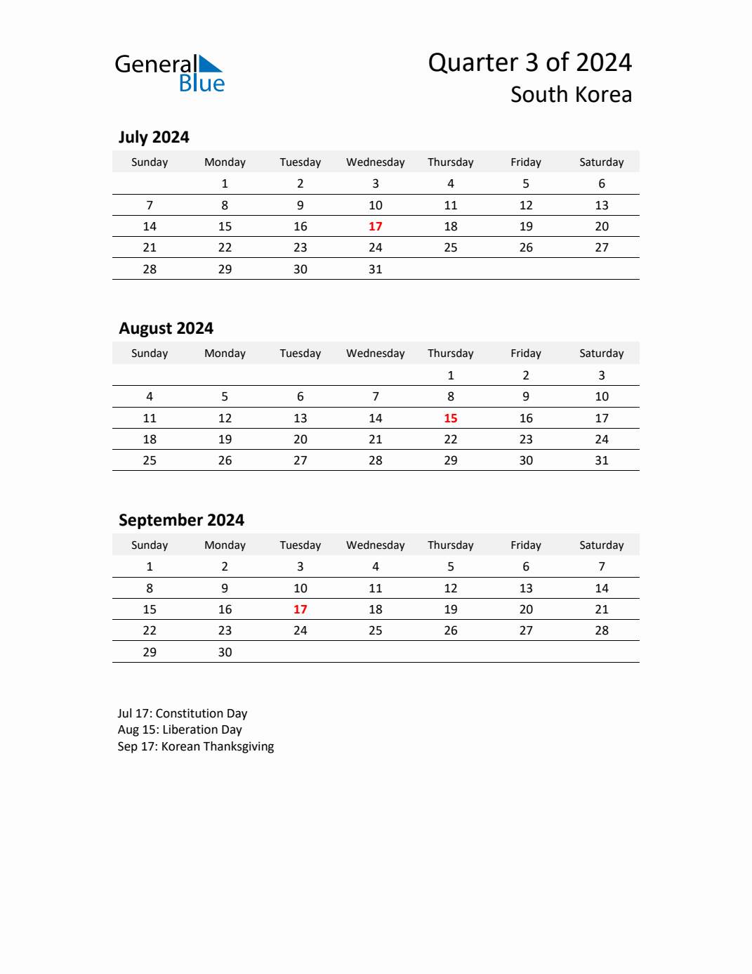 Q3 2024 Quarterly Calendar with South Korea Holidays (PDF, Excel, Word)