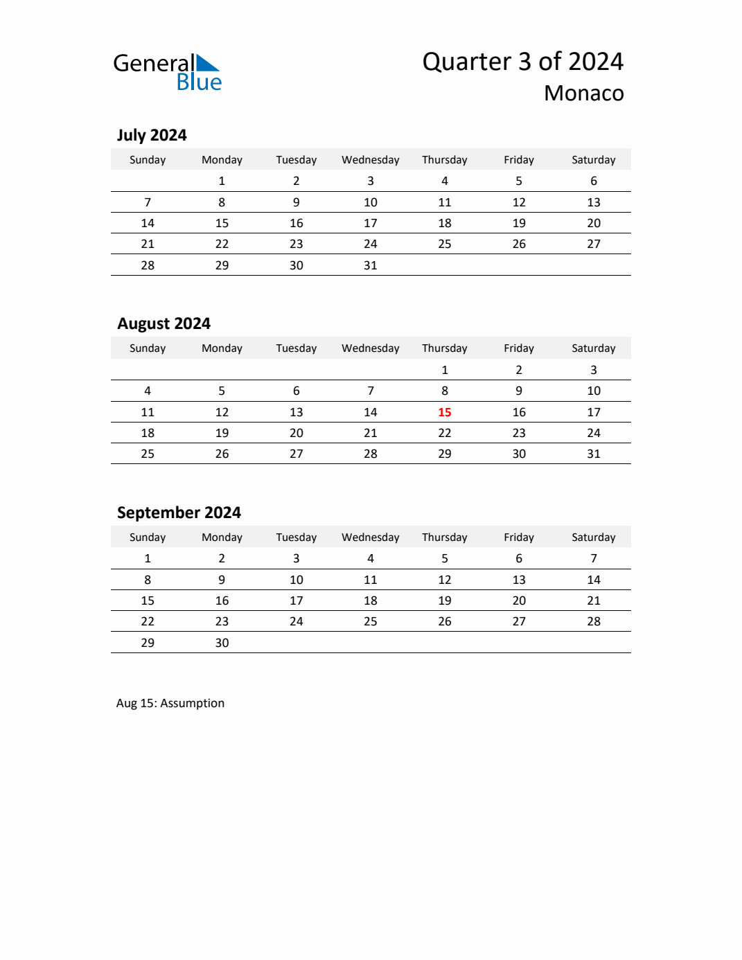 Q3 2024 Quarterly Calendar with Monaco Holidays (PDF, Excel, Word)