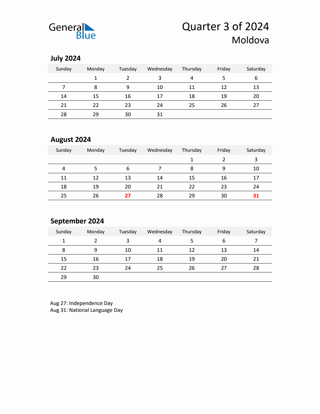 Q3 2024 Quarterly Calendar with Moldova Holidays (PDF, Excel, Word)