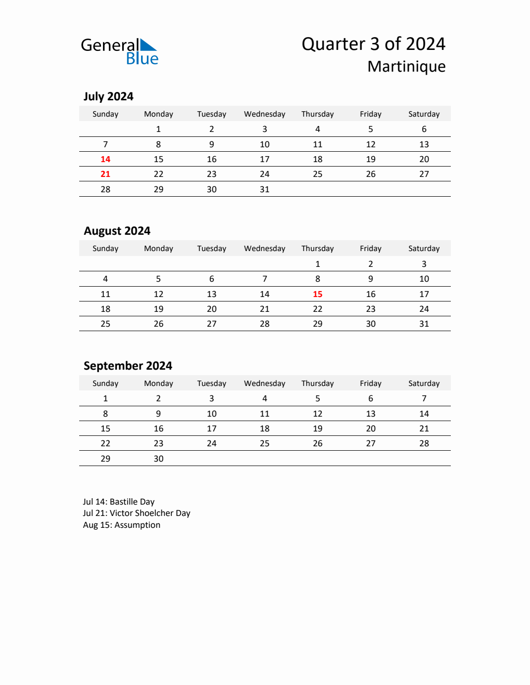 Q3 2024 Quarterly Calendar with Martinique Holidays (PDF, Excel, Word)