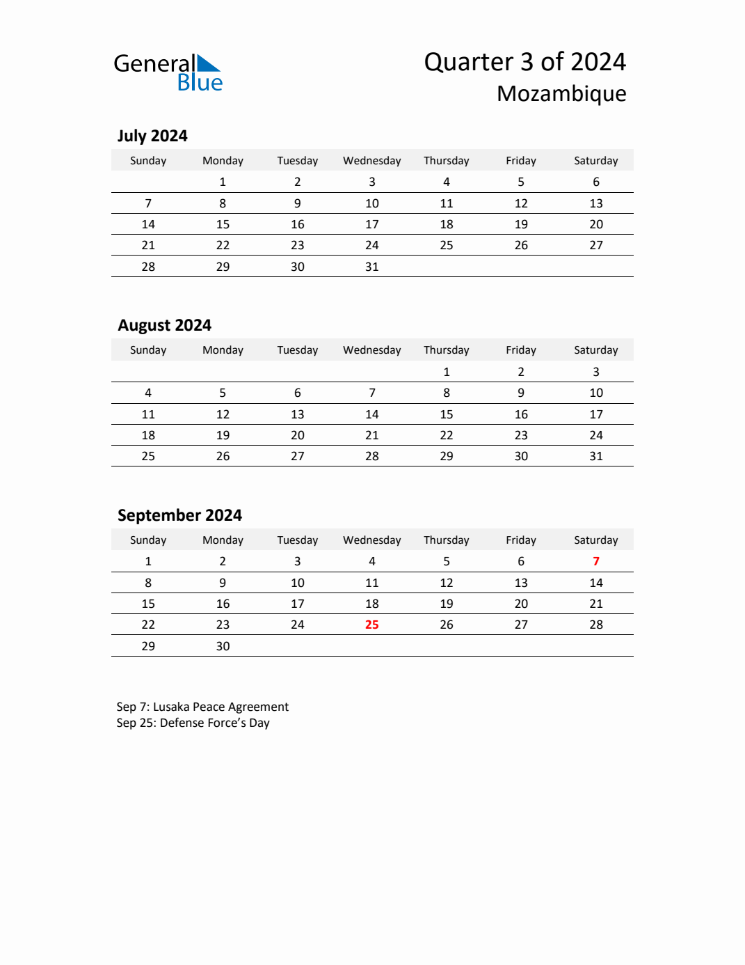 Q3 2024 Quarterly Calendar with Mozambique Holidays (PDF, Excel, Word)