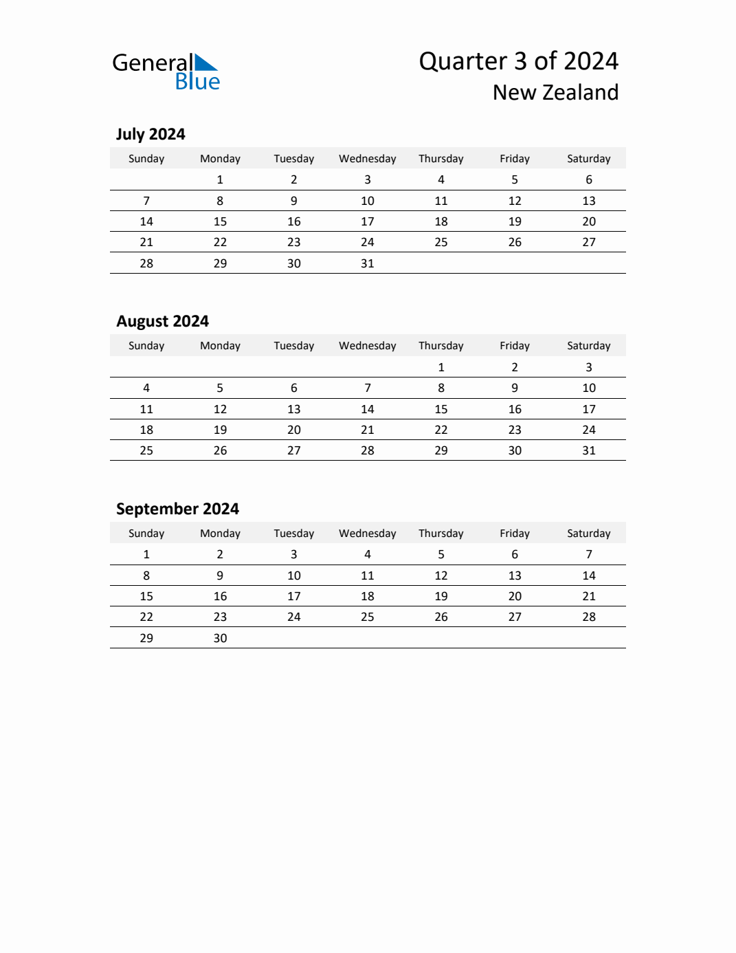 Q3 2024 Quarterly Calendar with New Zealand Holidays (PDF, Excel, Word)