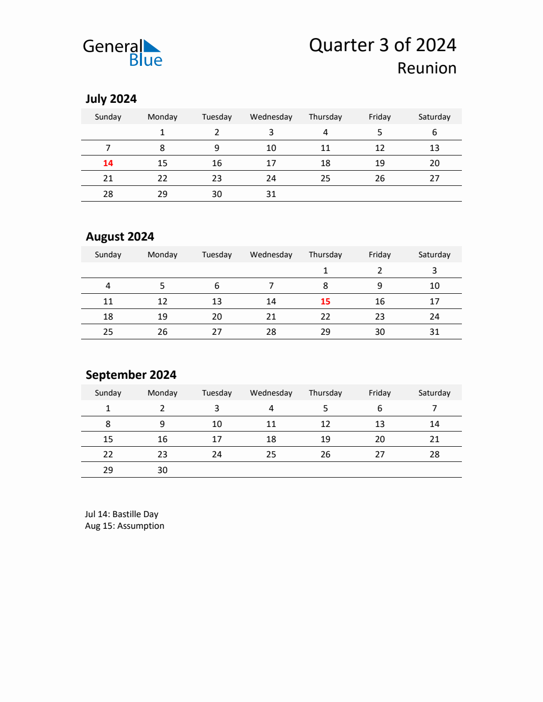 Q3 2024 Quarterly Calendar with Reunion Holidays (PDF, Excel, Word)
