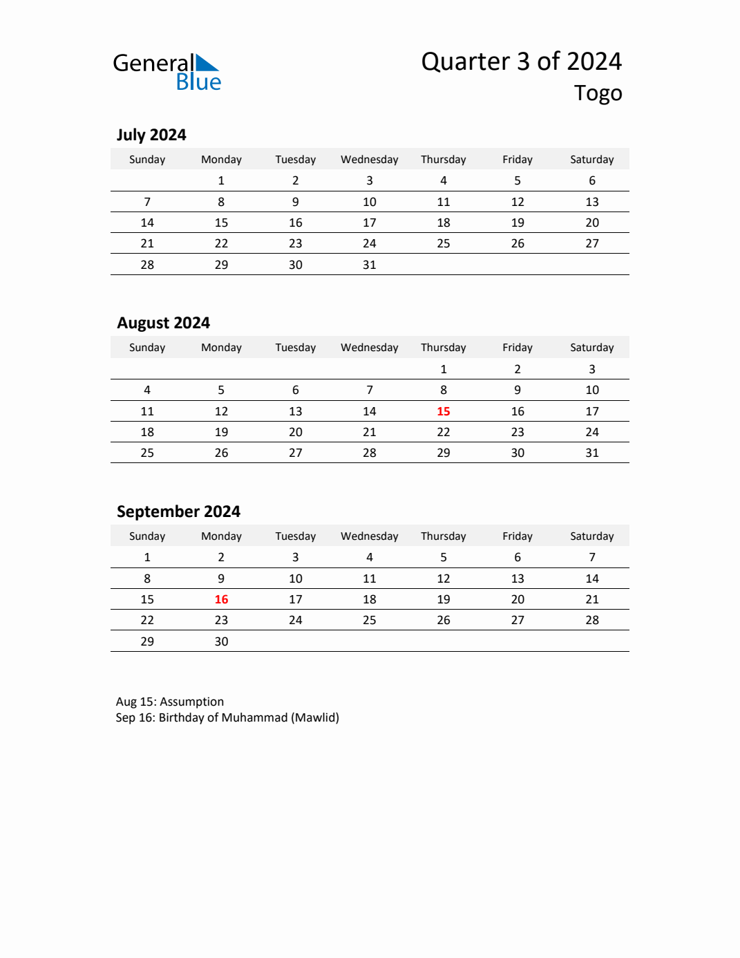 Q3 2024 Quarterly Calendar with Togo Holidays