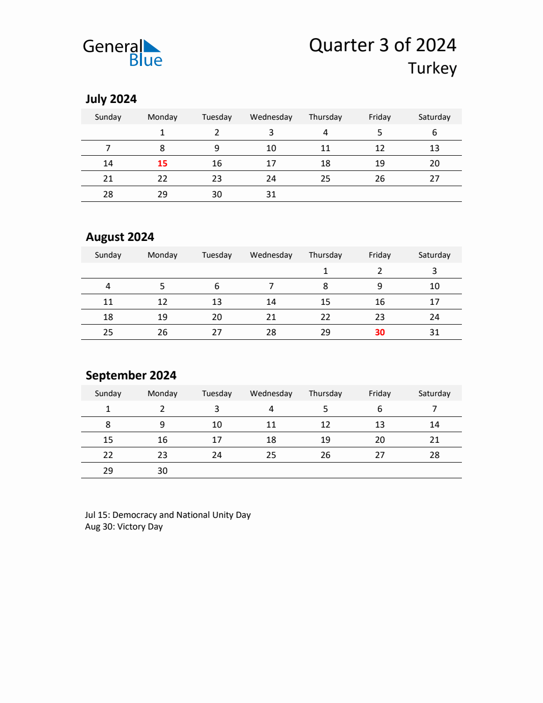 Q3 2024 Quarterly Calendar with Turkey Holidays (PDF, Excel, Word)