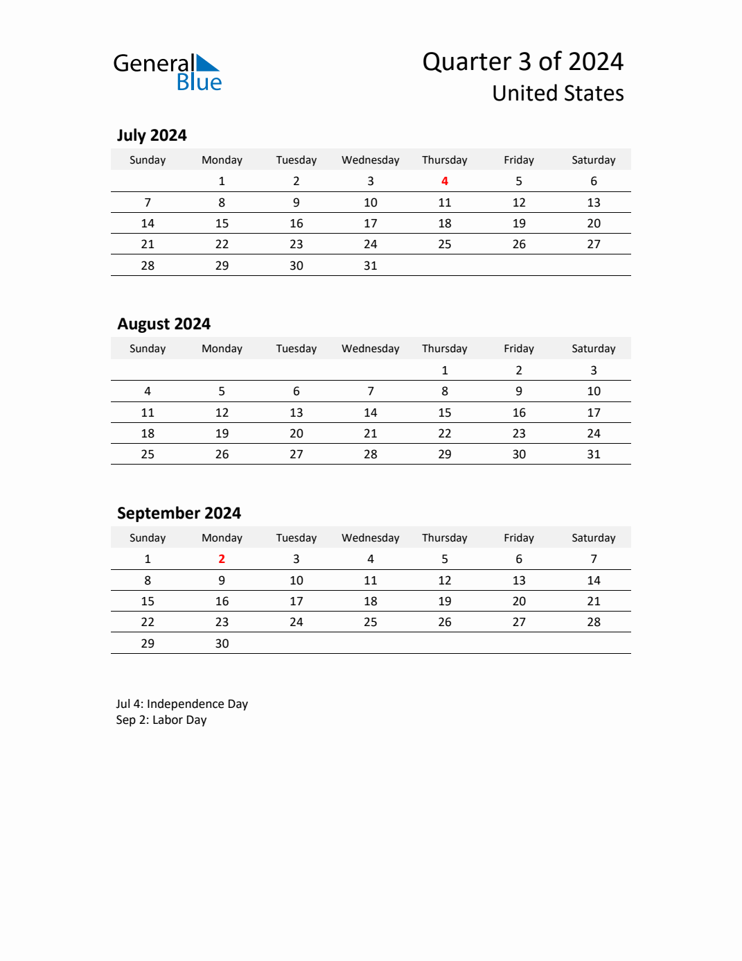 Q3 2024 Quarterly Calendar with United States Holidays (PDF, Excel, Word)