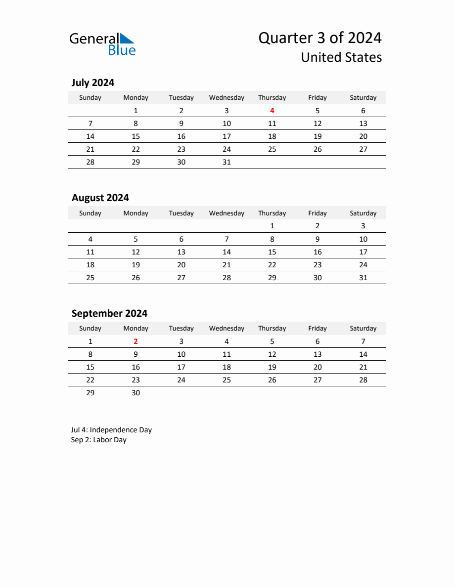 2024 ThreeMonth Calendar for United States