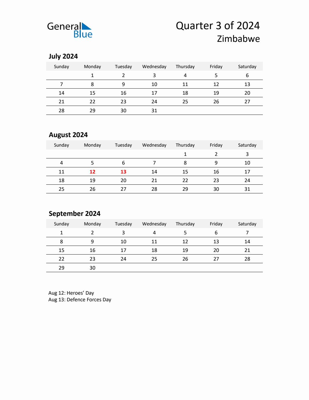 Q3 2024 Quarterly Calendar with Zimbabwe Holidays (PDF, Excel, Word)
