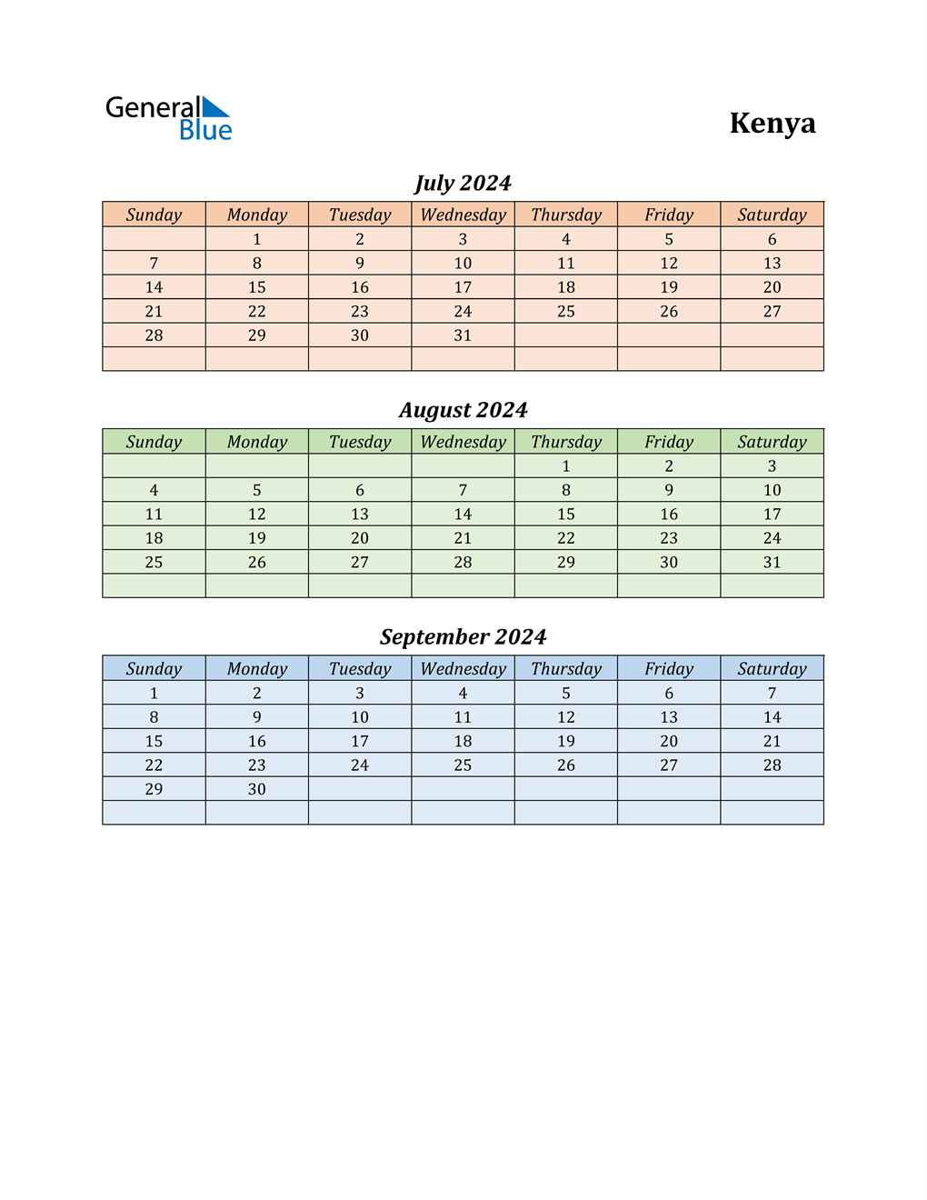 Q3 2024 Quarterly Calendar for Kenya