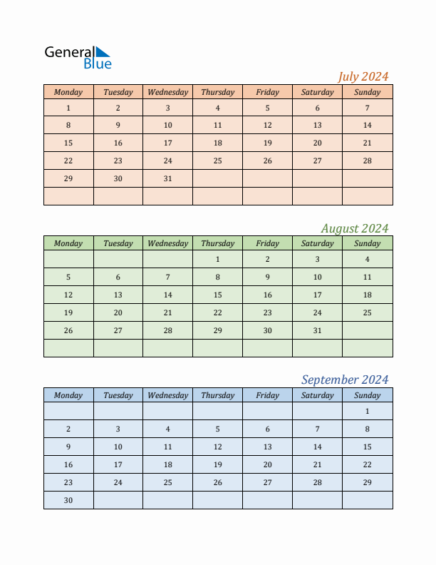 Three-Month Calendar for Year 2024 (July, August, and September)