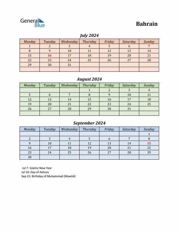 Q3 2024 Monday Start Quarterly Calendar with Bahrain Holidays