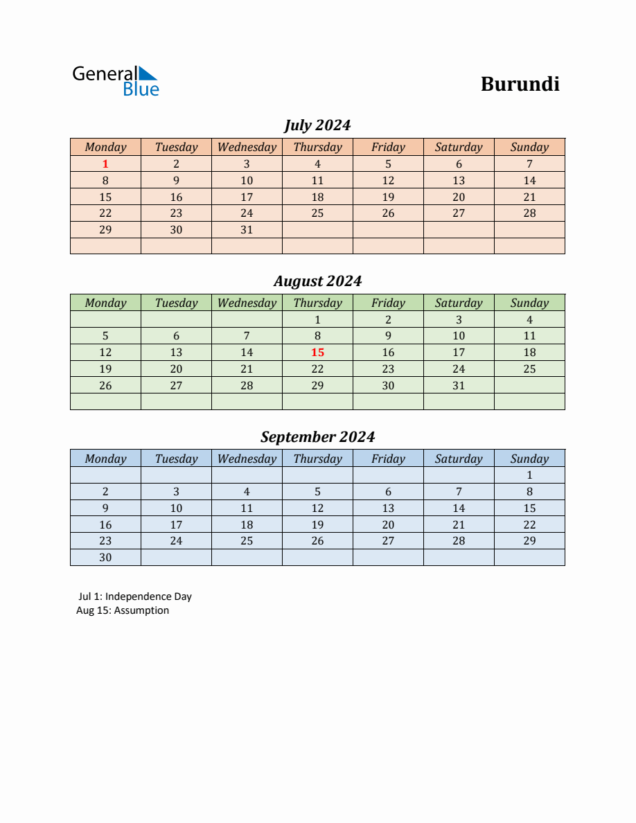 Q3 2024 Holiday Calendar Burundi