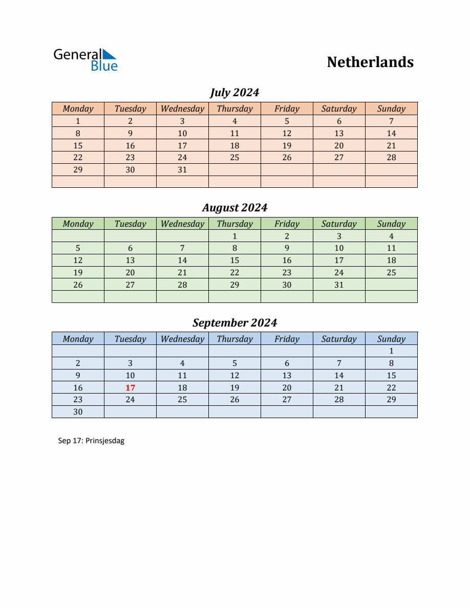 Q3 2024 Holiday Calendar Netherlands