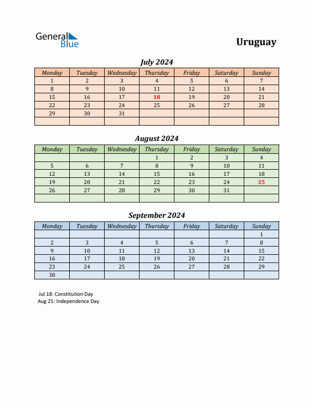 Q3 2024 Holiday Calendar - Uruguay