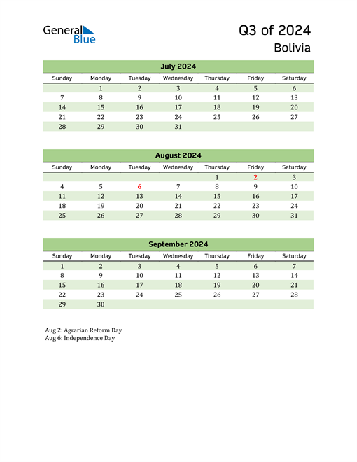  Quarterly Calendar 2024 with Bolivia Holidays 