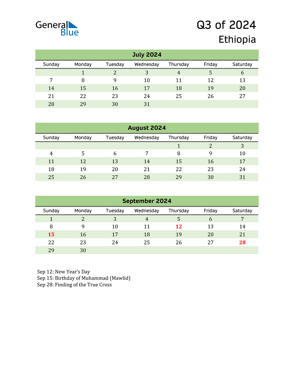  Quarterly Calendar 2024 with Ethiopia Holidays 