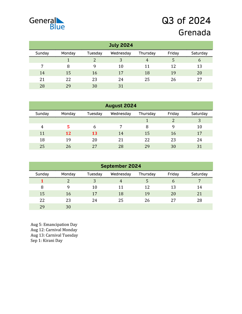  Quarterly Calendar 2024 with Grenada Holidays 
