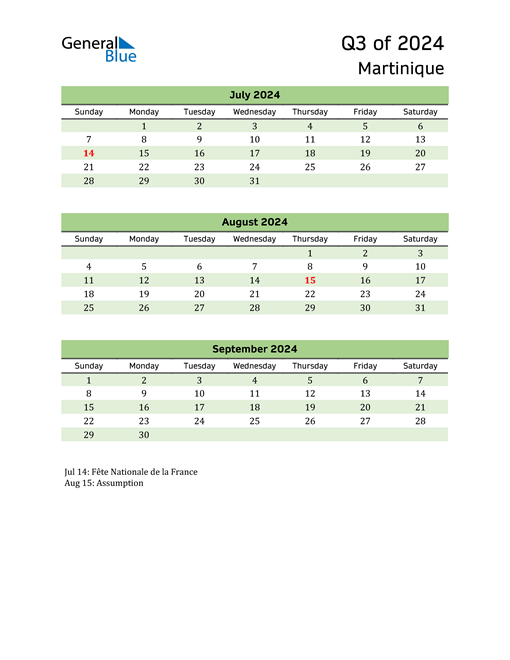  Quarterly Calendar 2024 with Martinique Holidays 
