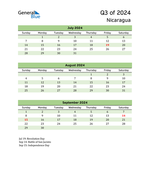 Quarterly Calendar 2024 with Nicaragua Holidays 