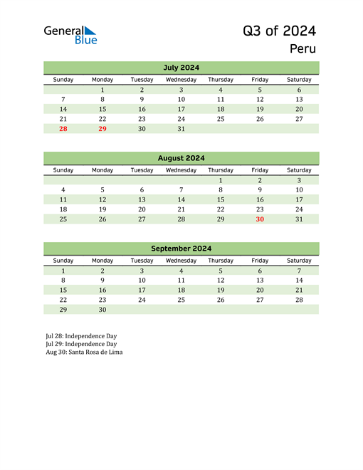  Quarterly Calendar 2024 with Peru Holidays 
