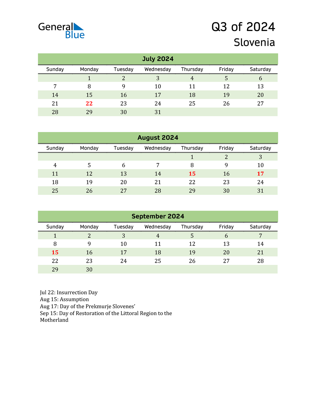  Quarterly Calendar 2024 with Slovenia Holidays 