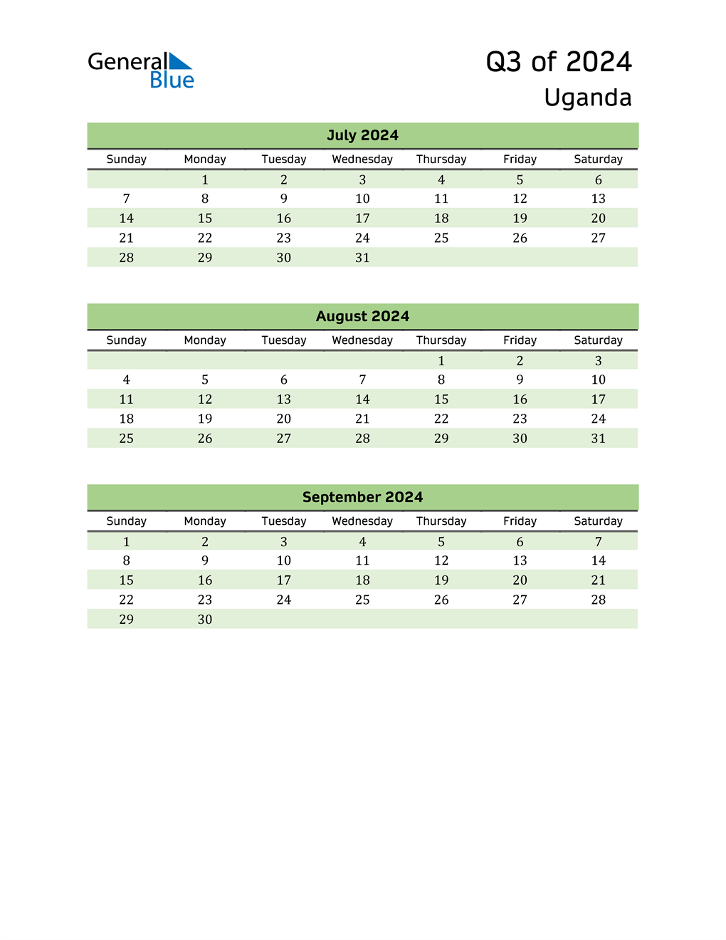  Quarterly Calendar 2024 with Uganda Holidays 