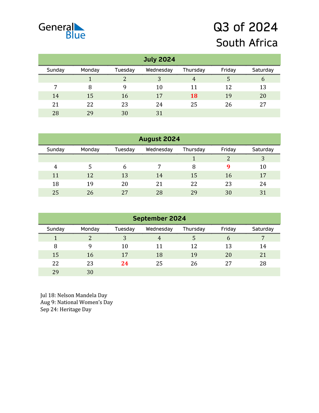  Quarterly Calendar 2024 with South Africa Holidays 