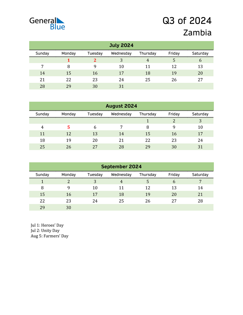  Quarterly Calendar 2024 with Zambia Holidays 