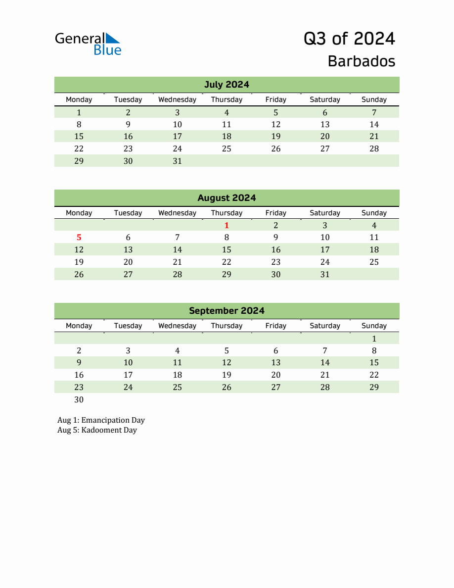 Quarterly Calendar 2024 with Barbados Holidays