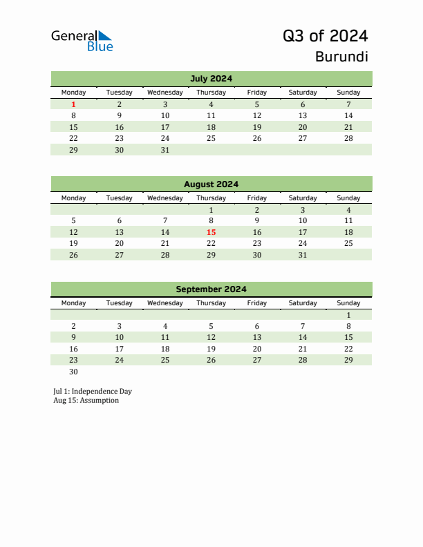 Quarterly Calendar 2024 with Burundi Holidays