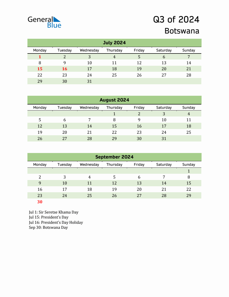 Quarterly Calendar 2024 with Botswana Holidays