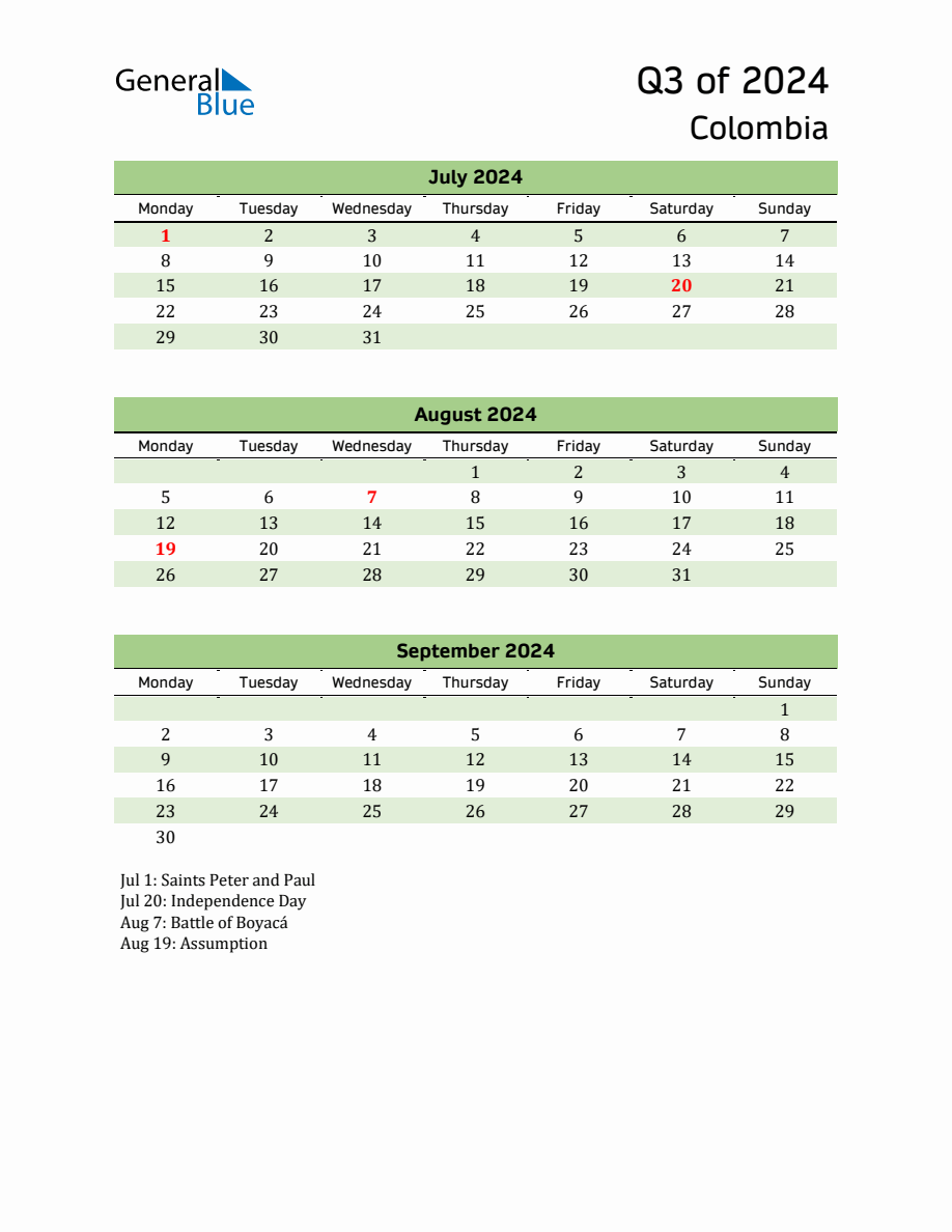 Quarterly Calendar 2024 with Colombia Holidays